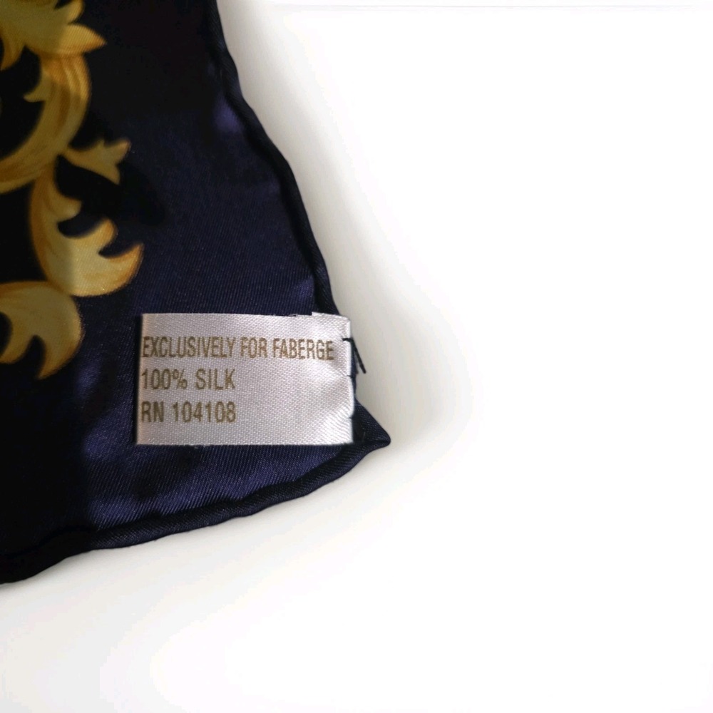 FABERGE Large Silk Scarf 32"x 32" Navy Blue Gold Square New With Box - Picture 8 of 11